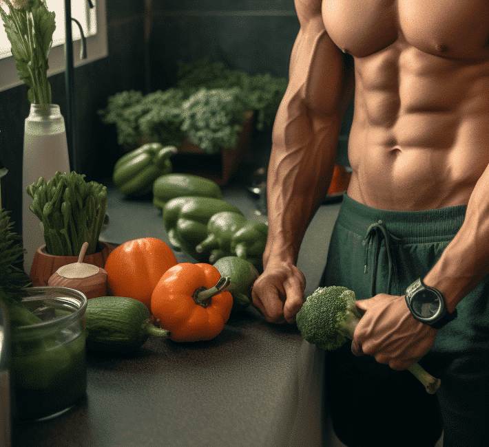 Muscled guy in a kitchen full of vegetables
